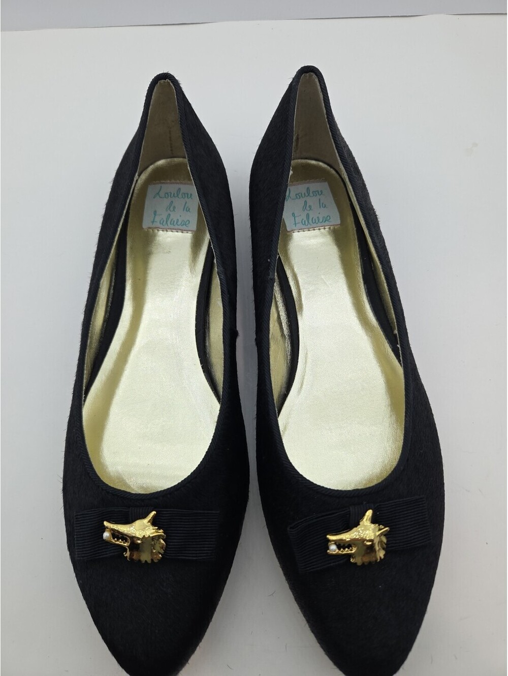 Loulou de la Falaise Womens Black Pony Hair Leather Flats Fox Charm Size 10M.